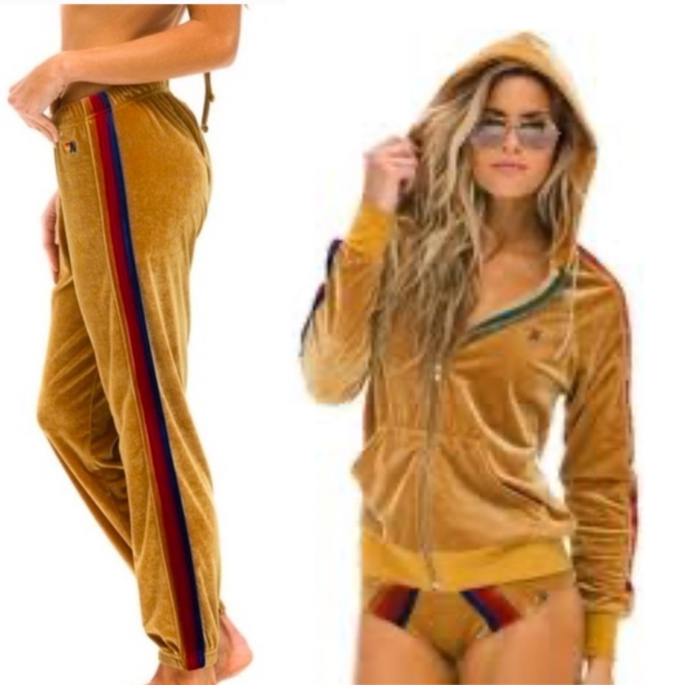 Aviator Nation Gold Velour Track Pants and Zip up Hoodie Rainbow Stripe SET